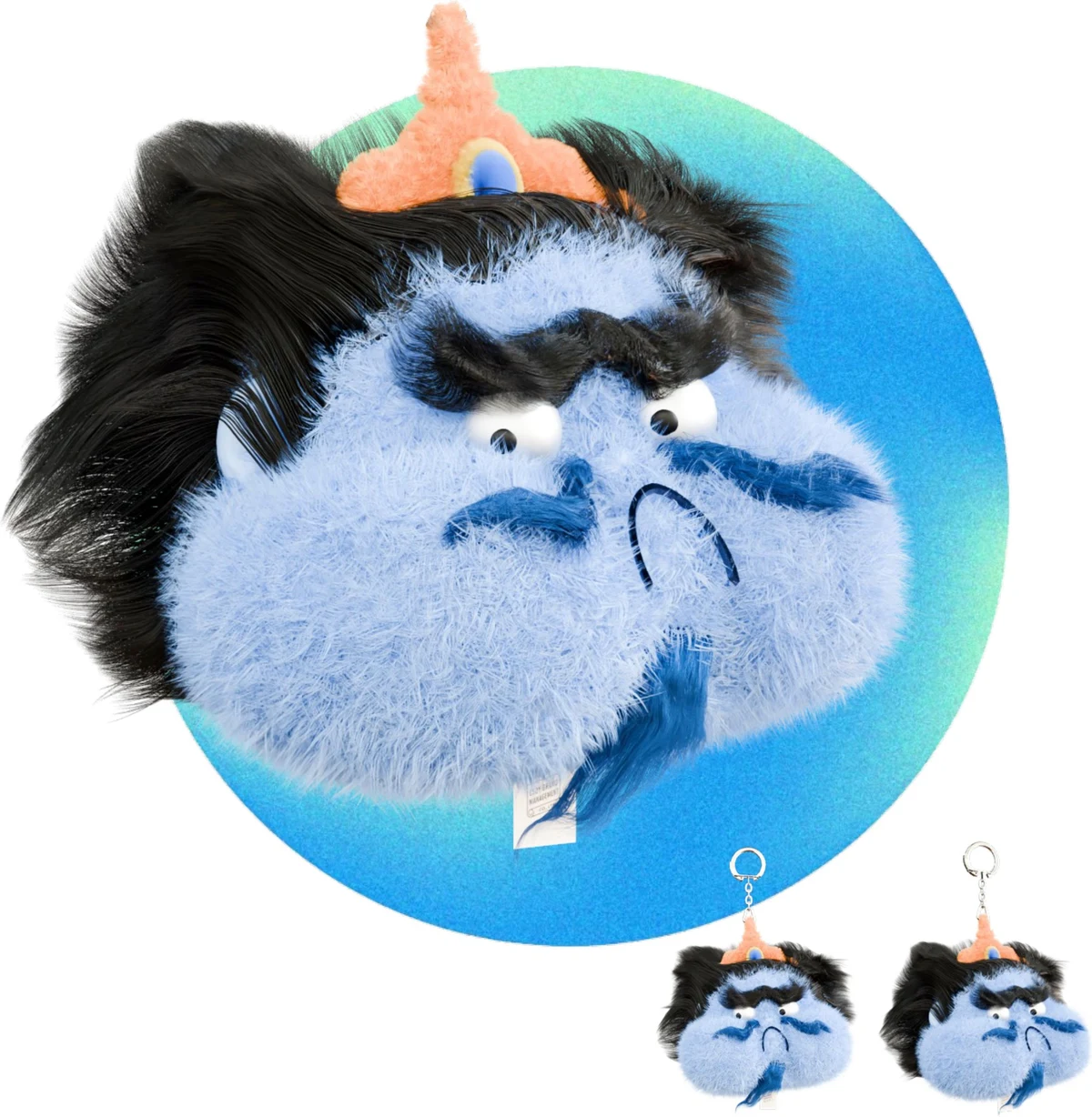A blue plush character with a dark beard and small charm variations.