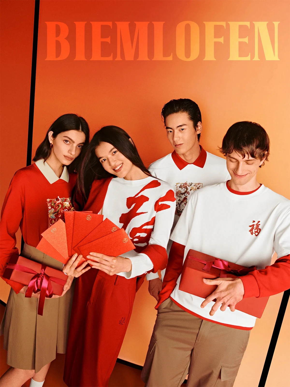 Four models in red and white BIEMLOFEN New Year clothing.